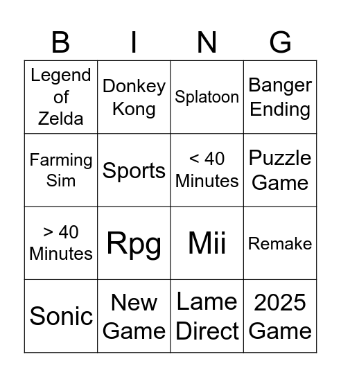 6/18 Nintendo Direct Bingo Card