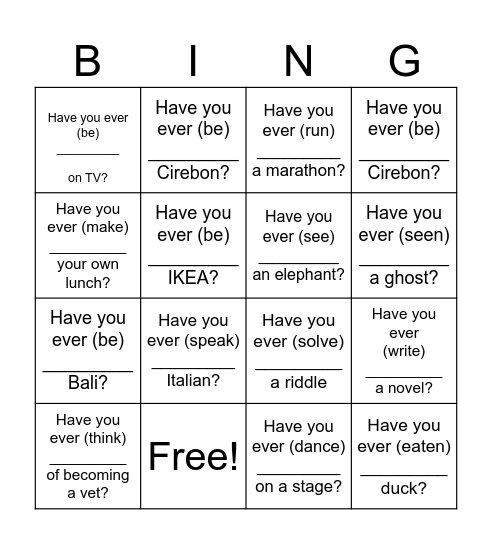 Have you ever (past participle) Bingo Card