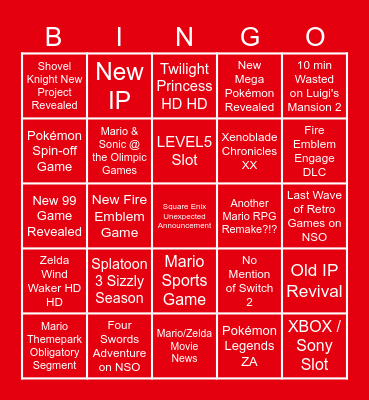 Nintendo Direct Bingo Card