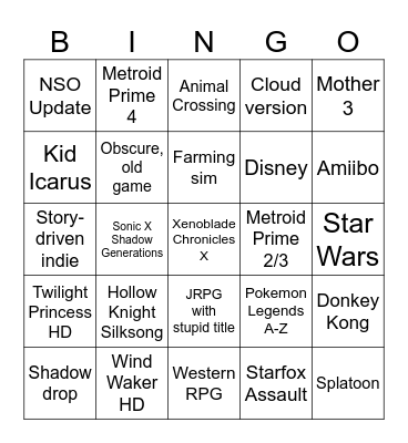 Nintendo Direct June 2024 Bingo Card