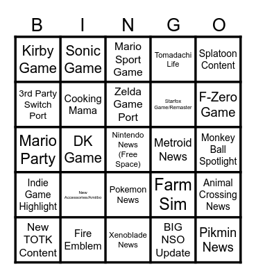 June 18th Nintendo Direct Bingo Card