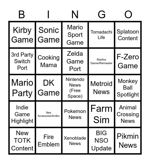 June 18th Nintendo Direct Bingo Card