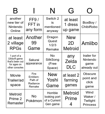 Nintendo Direct June 2024 Bingo Card