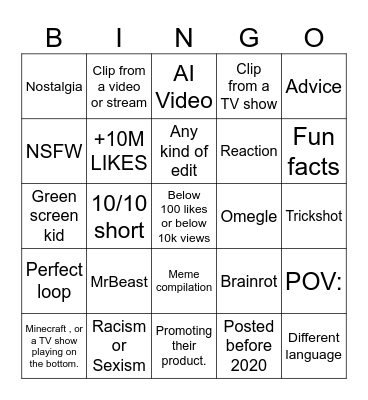 YT SHORTS BINGO Card
