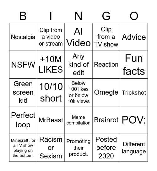 YT SHORTS BINGO Card