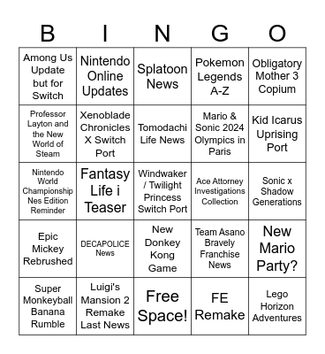 NINTENDO DIRECT JUNE 2024 PREDICTIONS Bingo Card