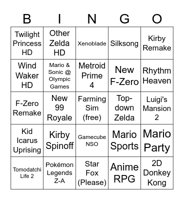 June 18 Nintendo Direct Bingo Card