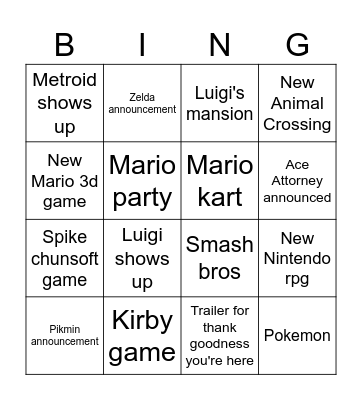 Nintendo Direct Bingo Card