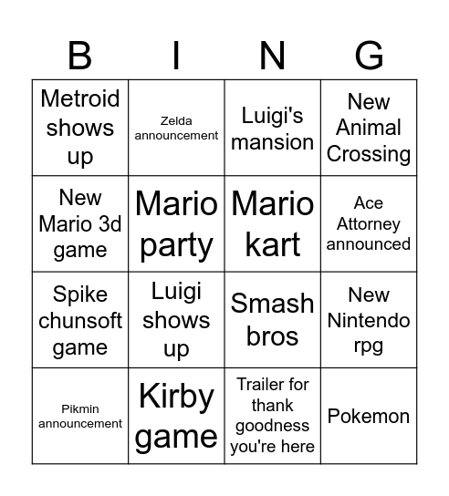 Nintendo Direct Bingo Card