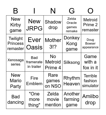 Azra's June 2024 Nintendo Direct Bingo Card
