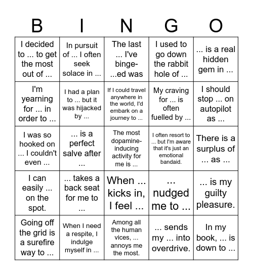 Sentence Frames Bingo Card