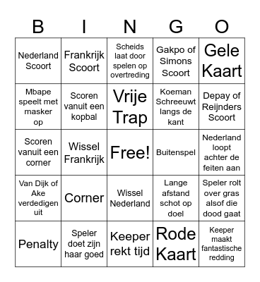EK Voetbal Nederland - Frankrijk Bingo Card