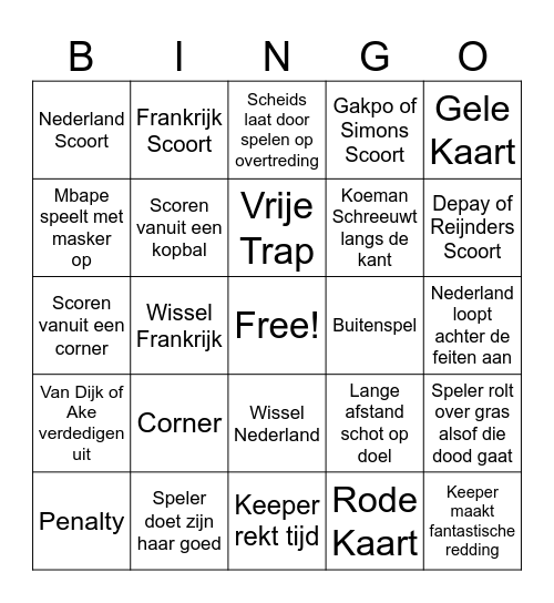 EK Voetbal Nederland - Frankrijk Bingo Card