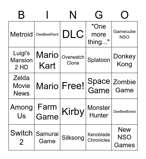 Nintendo Direct June 2024 Bingo Card