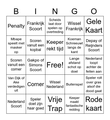 EK Voetbal Nederland - Frankrijk Bingo Card