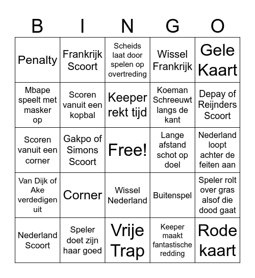 EK Voetbal Nederland - Frankrijk Bingo Card