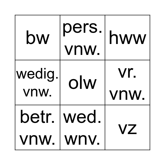 grammatica woordsoorten Bingo Card