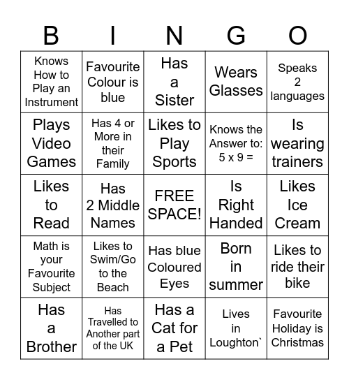 "Get to Know Me" Bingo Card