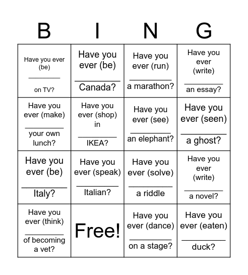 Have you ever (past participle) Bingo Card