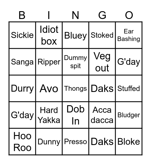 AMCSA Aussie Slang Bingo Card