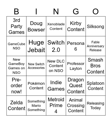 Nintendo Direct 2024 Bingo Card