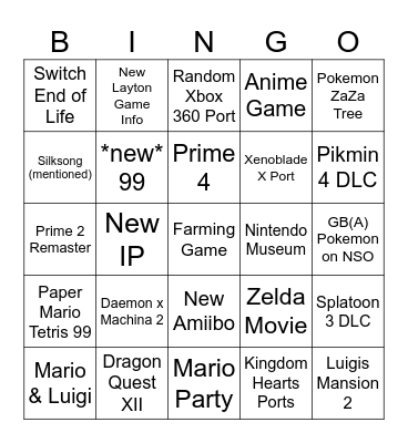 Nintenpoo Shitrect Bingo Card