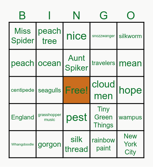 James and the Giant Peach Bingo Card