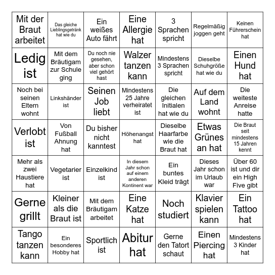 Hochzeits-Bingo Card