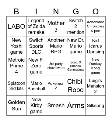 Nintendo Direct Bingo Card