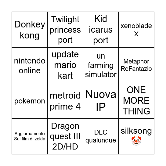 Nintendo Direct Bingo Card