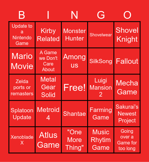 Nintendo Direct Bingo! Bingo Card