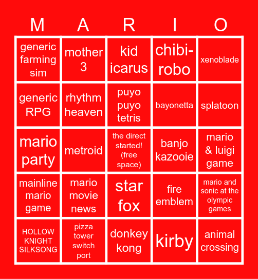 NINTENDO DIRECT 18/06/2024 Bingo Card