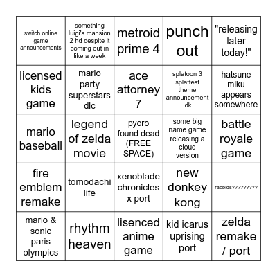 6/18 nintendo direct Bingo Card