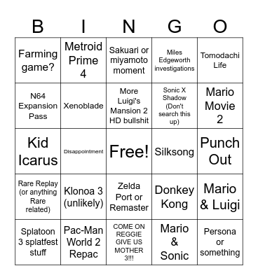 Nintendo Direct (yay?) Bingo Card