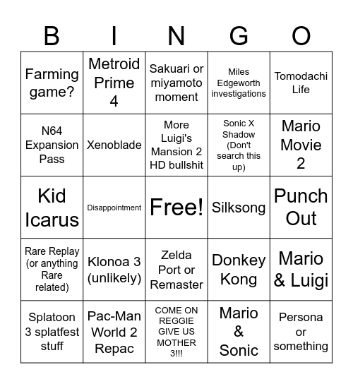 Nintendo Direct (yay?) Bingo Card