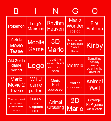 Nintendo Direct Bingo Card