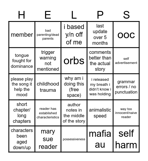 READER FANFICTION Bingo Card