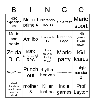 NINTENDO DIRECT Bingo Card