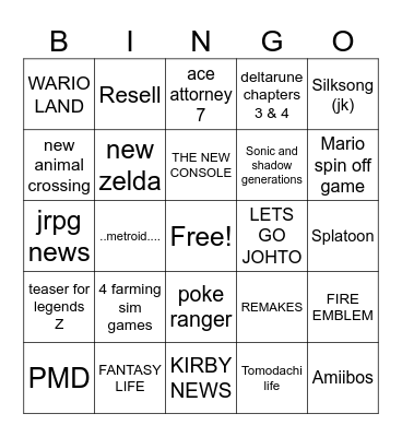 NINTENDO DIRECT Bingo Card