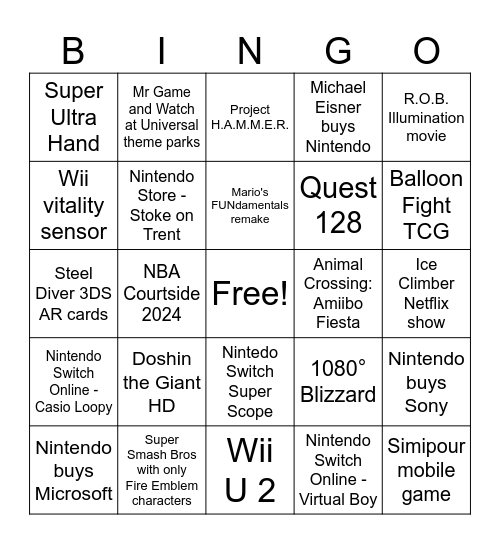 Nintendo Direct Bingo Card