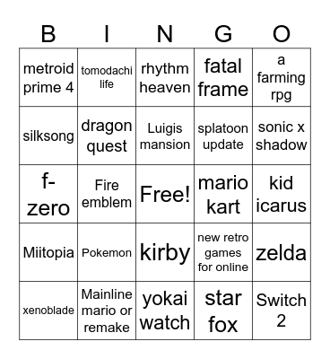 Nintendo Direct Bingo Card