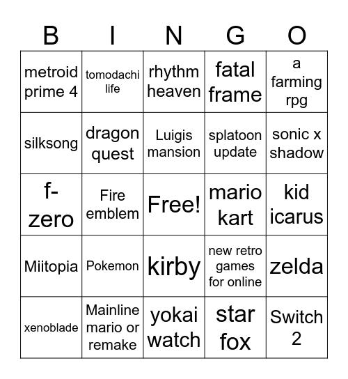 Nintendo Direct Bingo Card