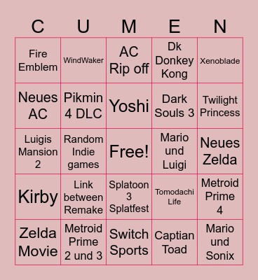 Nintendo Direct go Bonk Bingo Card