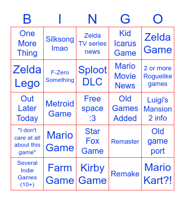 Nintendo Direct June 2024 Bingo Card