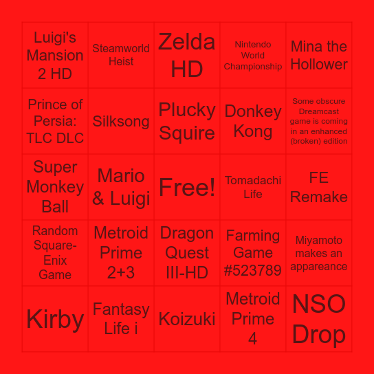 NINTENDO DIRECT Bingo Card