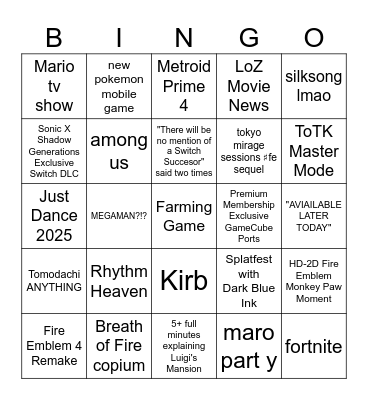 NINTENDO DIRECT JUNE 2024 Bingo Card