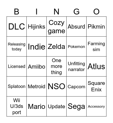 Nintendo Direct 6/24 Bingo Card