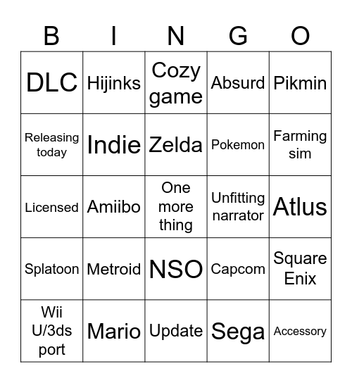 Nintendo Direct 6/24 Bingo Card
