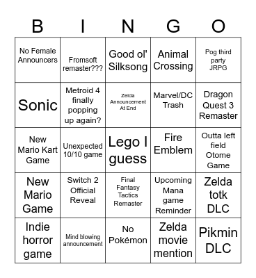 Nintendo Direct June 2024 Bingo Card