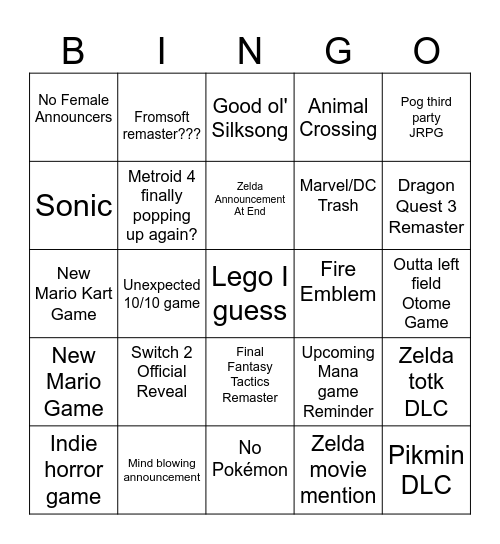 Nintendo Direct June 2024 Bingo Card